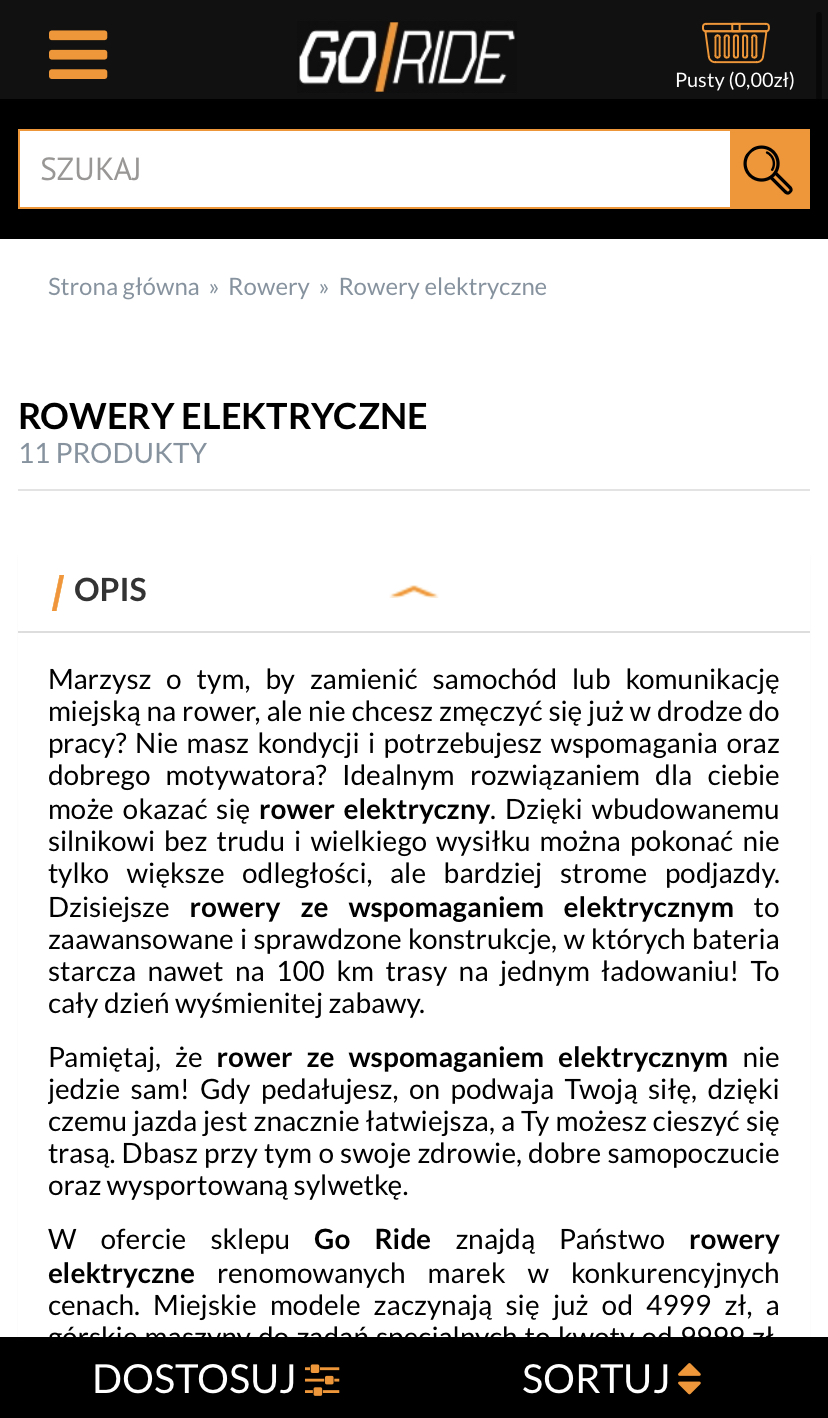 Przykład różnic (i dobrego rozwiązania) opisu kategorii w sklepie goride.pl na deksopie i mobile