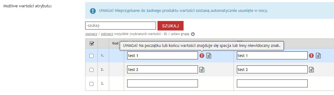 Panel sklepu: powiadomienie o niewidocznym znaku