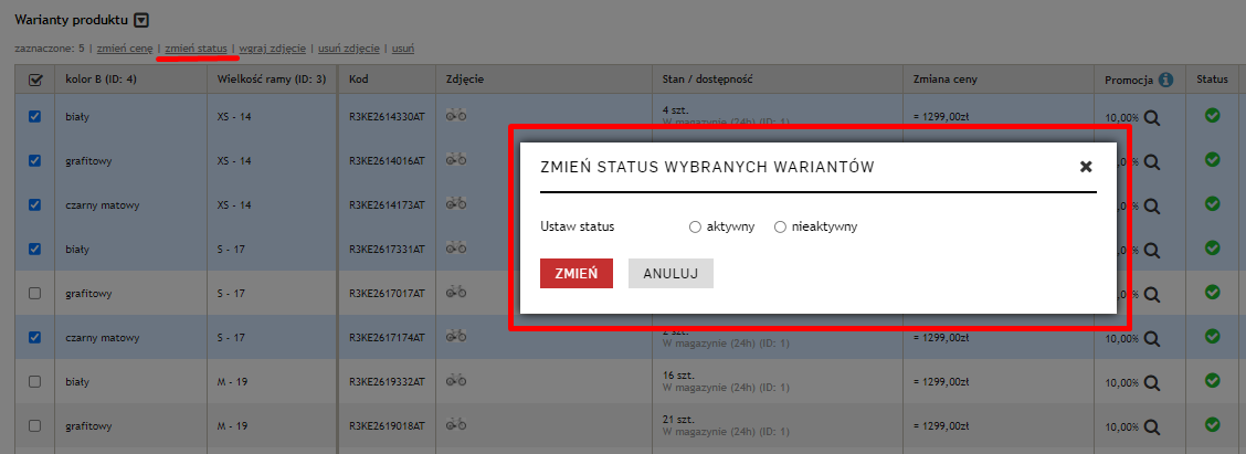 Zmiana statusów w panelu sklepu