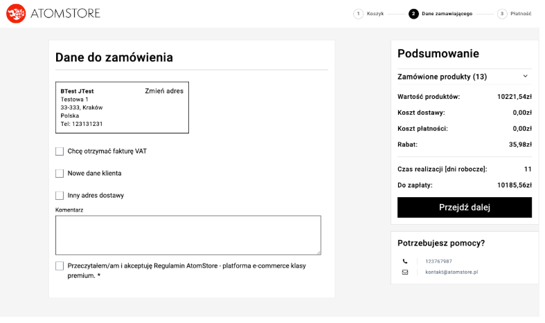 widok podsumowania zamówienia w nowym szablonie