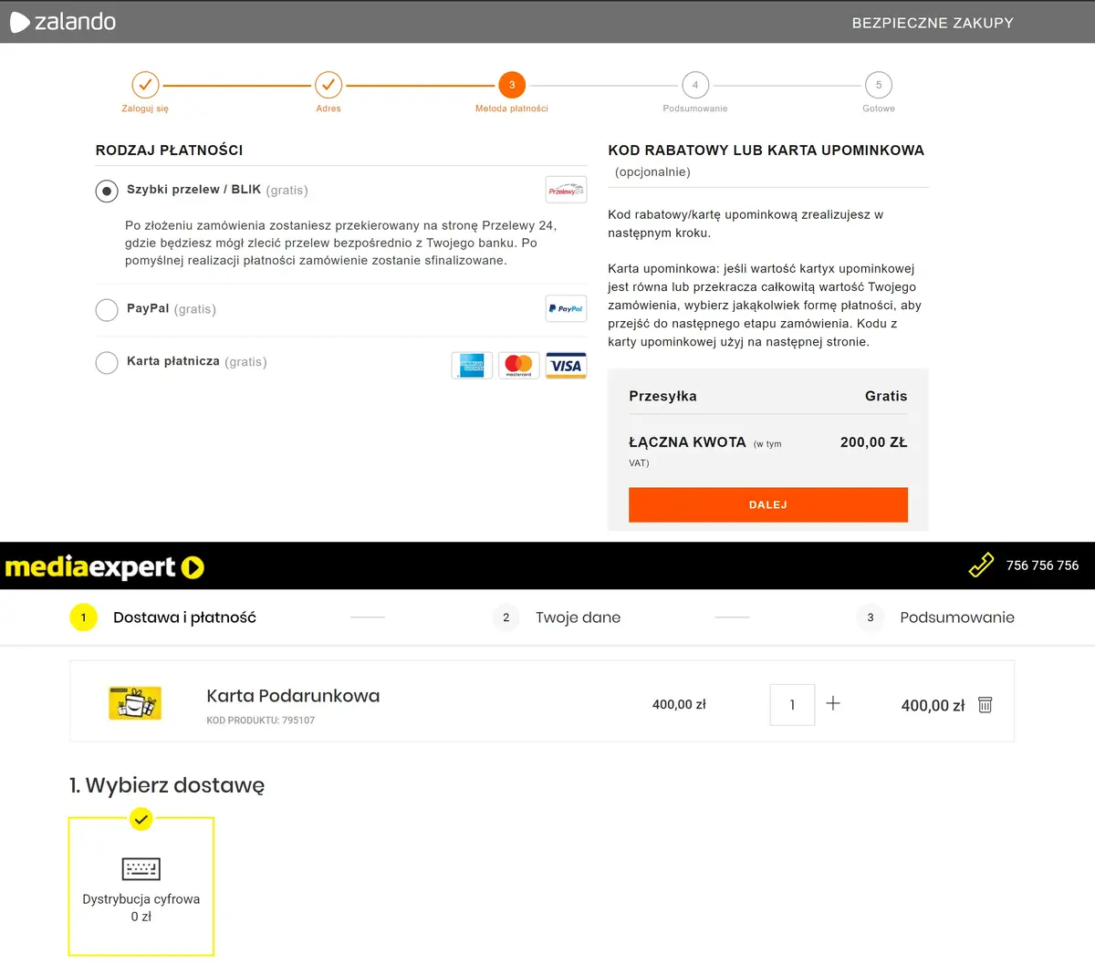 karta podarunkowa z wyłączoną opcją dostawy za pobraniem