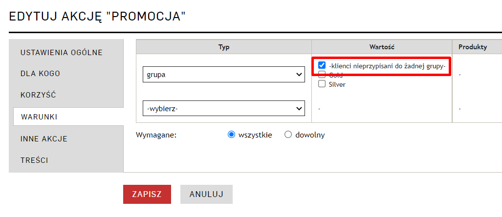 Panel sklepu: zakładka Warunki w module Akcje Promocyjne