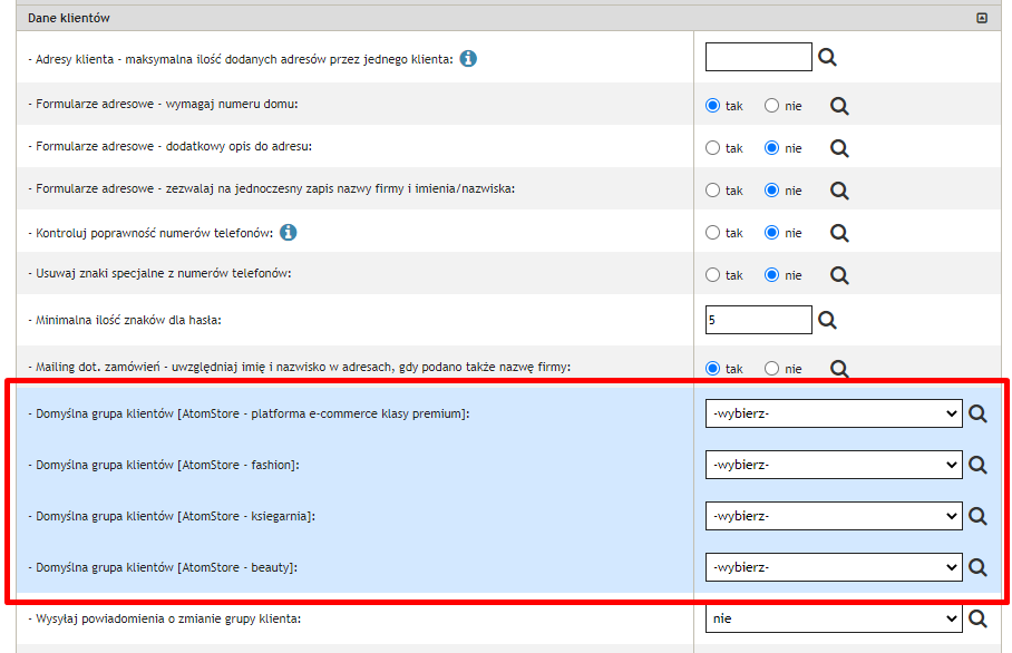 Panel sklepu: ustawienie Domyśla grupa klientów