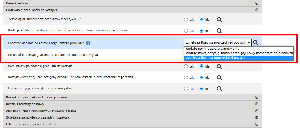 Panel sklepu: ustawienie Ponowne dodanie do koszyka tego samego produktu