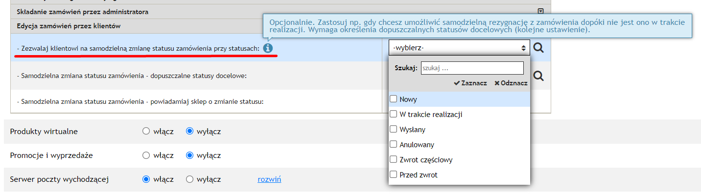 Panel sklepu: ustawienie Zezwalaj klientowi na samodzielną zmianę statusu