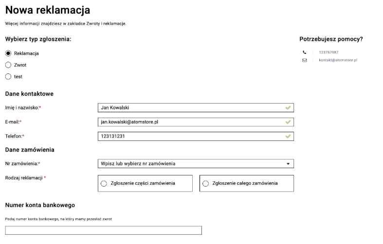 widok formularza reklamacyjnego